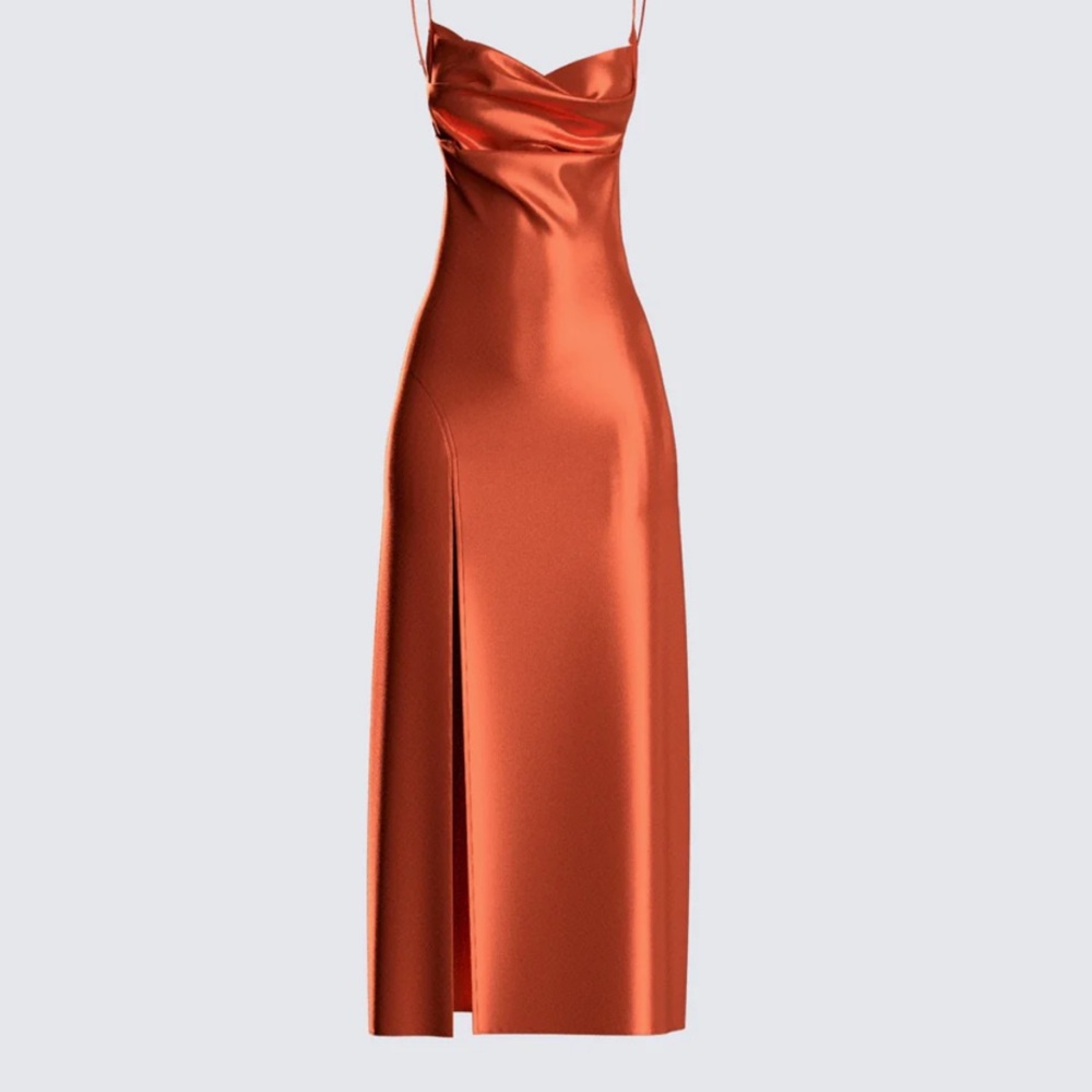 Orange Ruched Maxi Dress with Cowl Neck